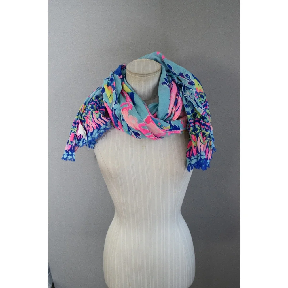 Lilly Pulitzer Scarf OS Blue Pink Tropical Cotton Shorely Blue Sandstorm Fish